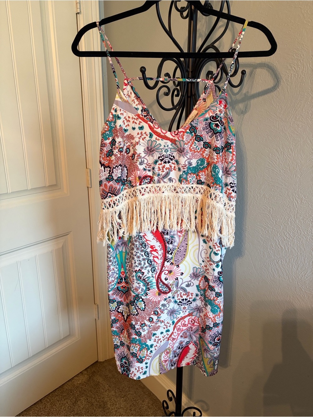 Black Bead Boho Fringe Paisley Print Slip Dress